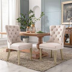 4x Velvet Dining Chairs Upholstered Tufted Kithcen Chair with Solid Wood Legs Stud Trim and Ring-Beige