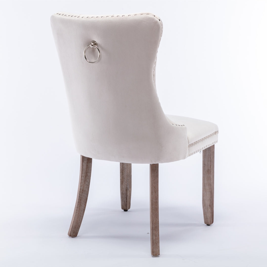 8x Velvet Dining Chairs Upholstered Tufted Kithcen Chair with Solid Wood Legs Stud Trim and Ring-Beige