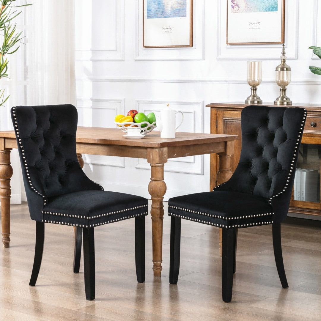 8x Velvet Dining Chairs Upholstered Tufted Kithcen Chair with Solid Wood Legs Stud Trim and Ring-Black