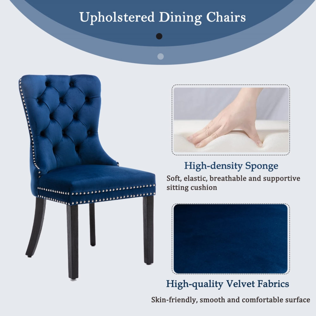 8x Velvet Dining Chairs Upholstered Tufted Kithcen Chair with Solid Wood Legs Stud Trim and Ring-Blue