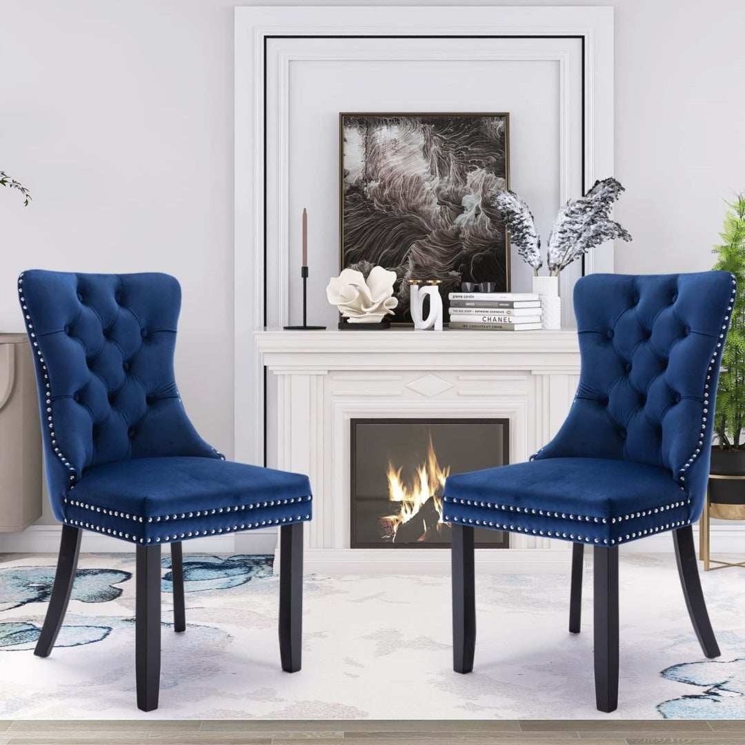 8x Velvet Dining Chairs Upholstered Tufted Kithcen Chair with Solid Wood Legs Stud Trim and Ring-Blue