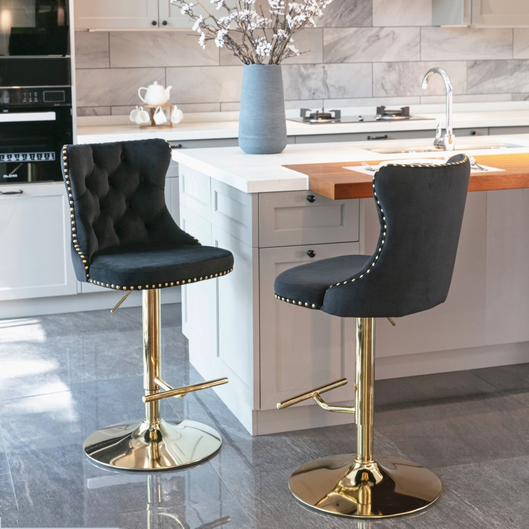 4x Height Adjustable Swivel Bar Stool Velvet Studs Barstool with Footrest and Golden Base- Black