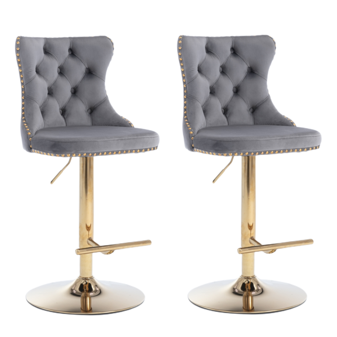 4x Height Adjustable Swivel Bar Stool Velvet Studs Barstool with Footrest and Golden Base- Grey