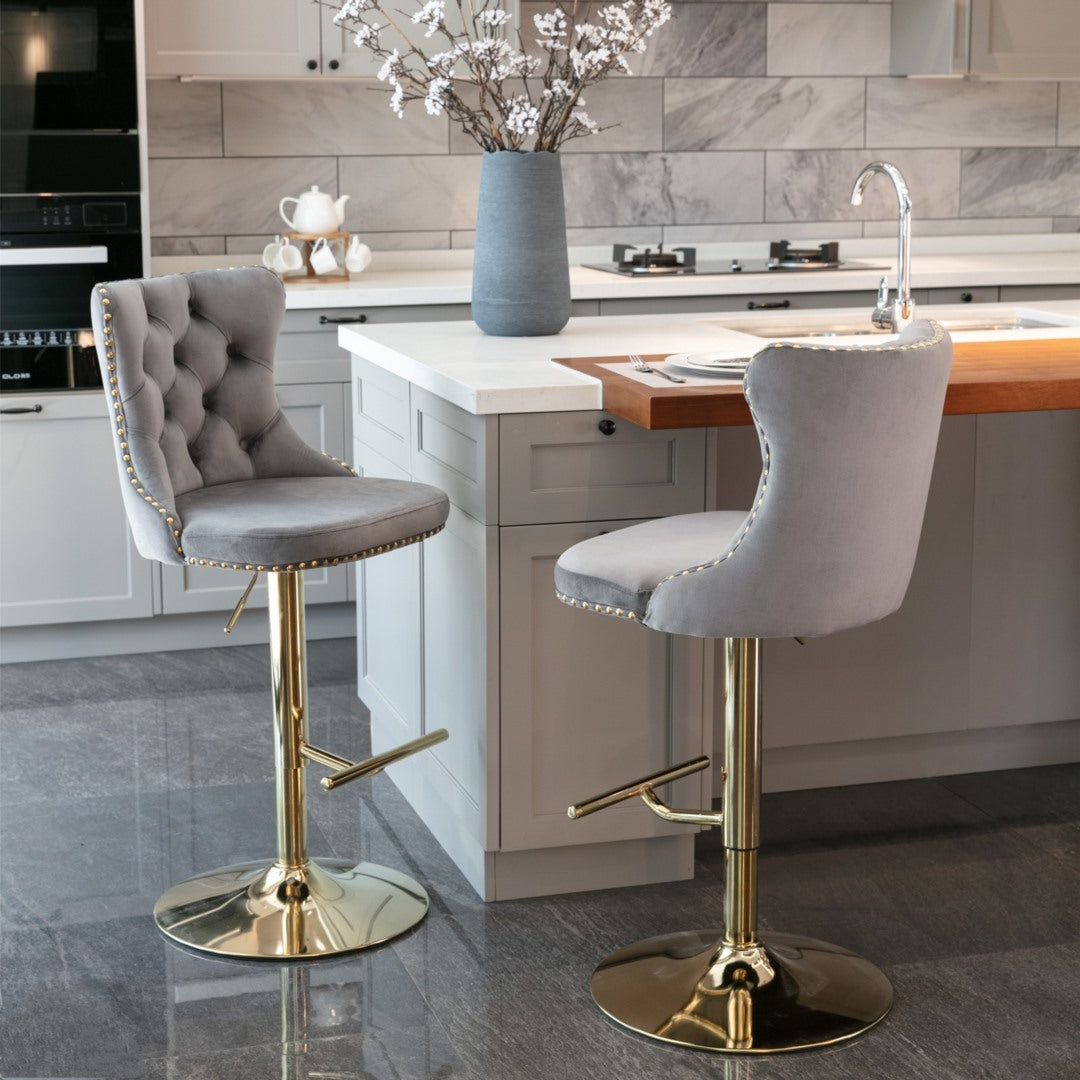 4x Height Adjustable Swivel Bar Stool Velvet Studs Barstool with Footrest and Golden Base- Grey