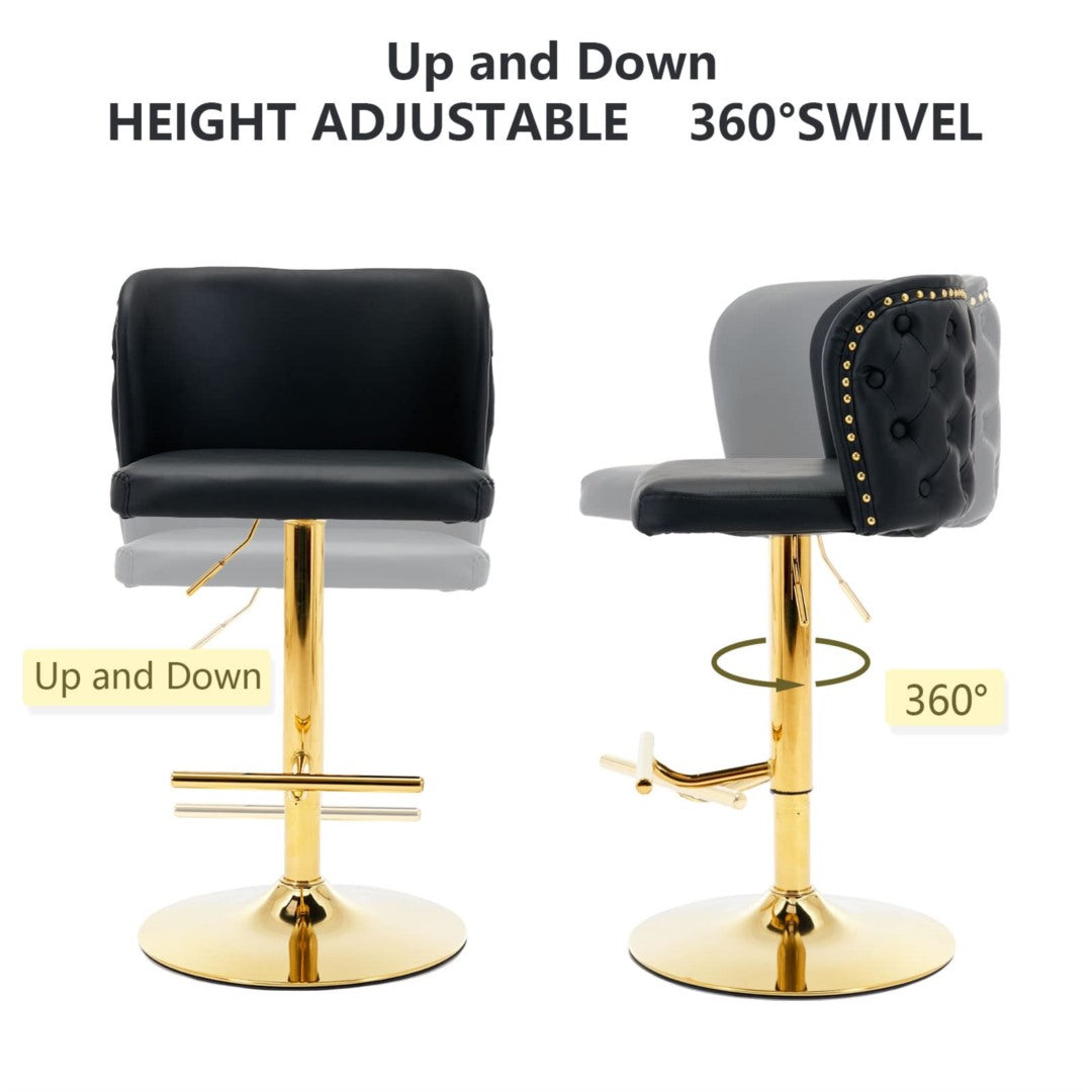 2x Faux Leather Golden Base Swivel Bar Stools- Black