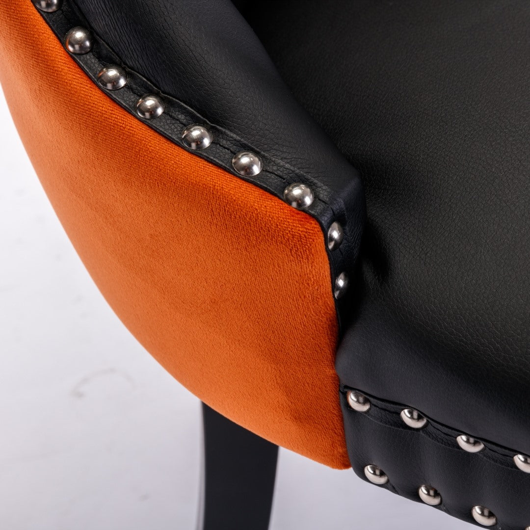 2x PU Faux Leather & Velvet Dining Chairs-Black & Orange