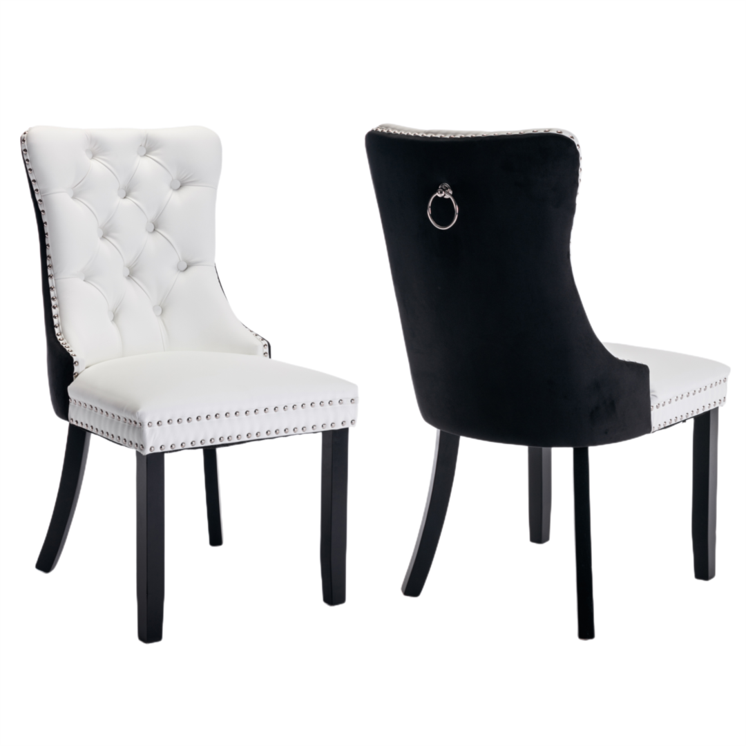 2x PU Faux Leather & Velvet Dining Chairs-White & Black