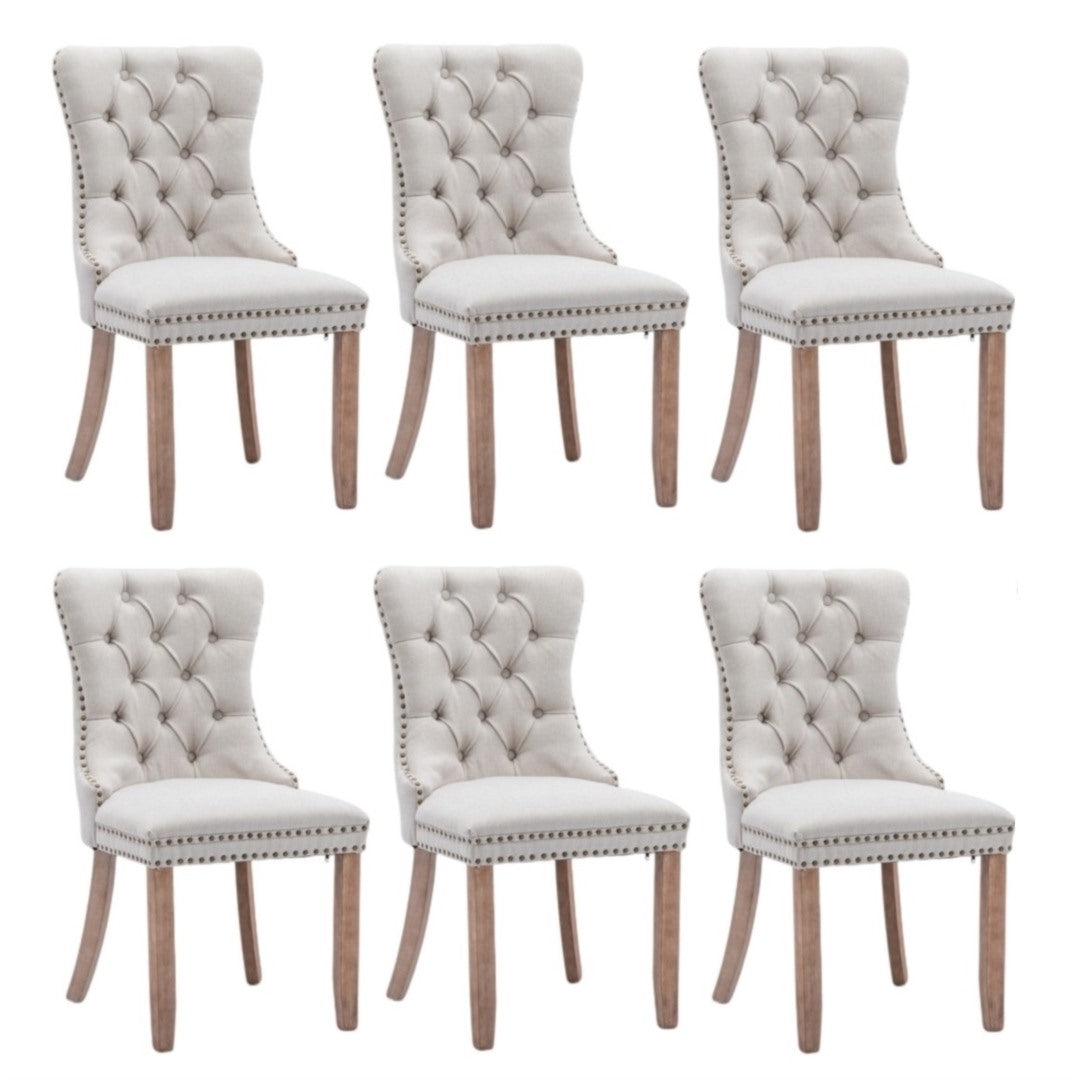 6x AADEN Modern Elegant Button-Tufted Upholstered Fabric with Studs Trim and Wooden legs Dining Side Chair-Beige