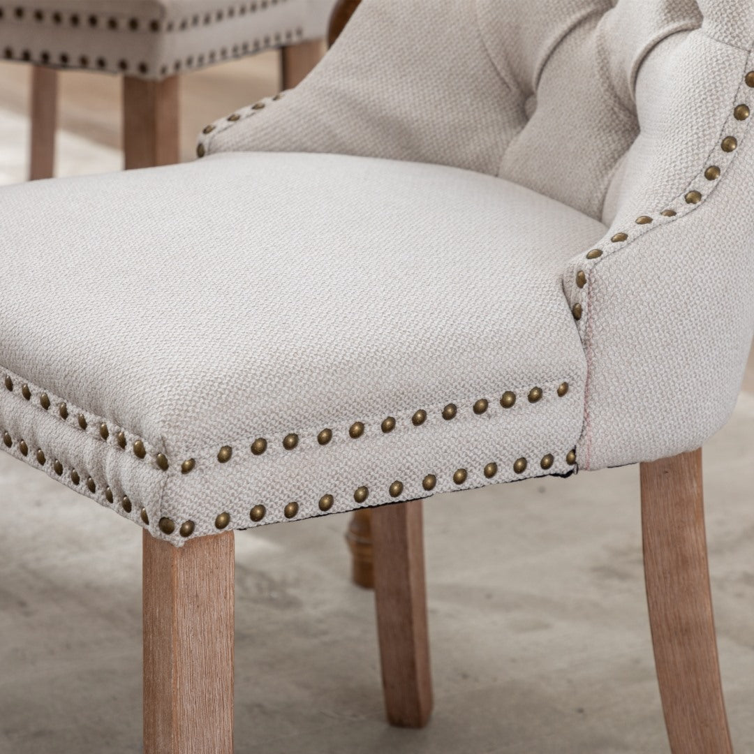 6x AADEN Modern Elegant Button-Tufted Upholstered Fabric with Studs Trim and Wooden legs Dining Side Chair-Beige