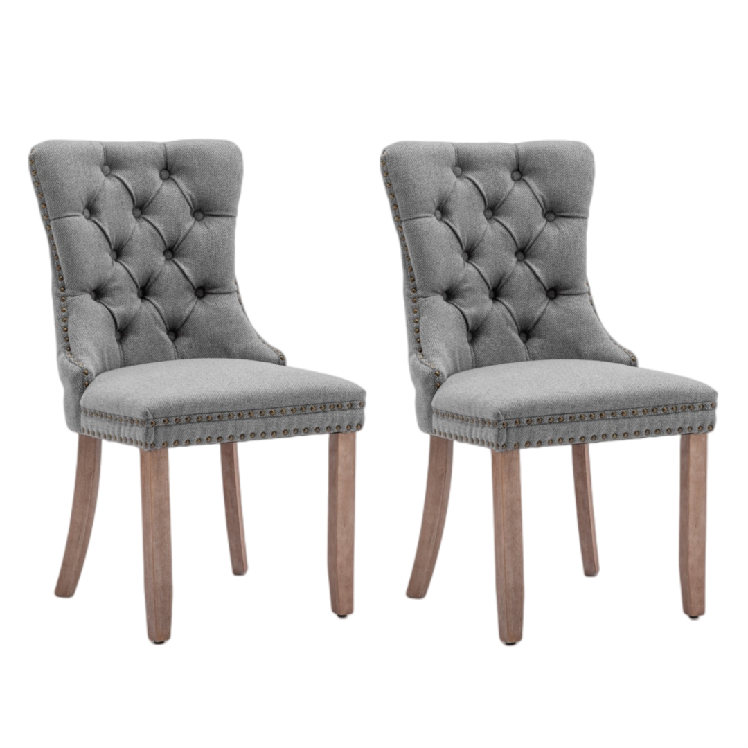 AADEN Modern Elegant Button-Tufted Upholstered Linen Fabric with Studs Trim and Wooden legs Dining Side Chair-Gray