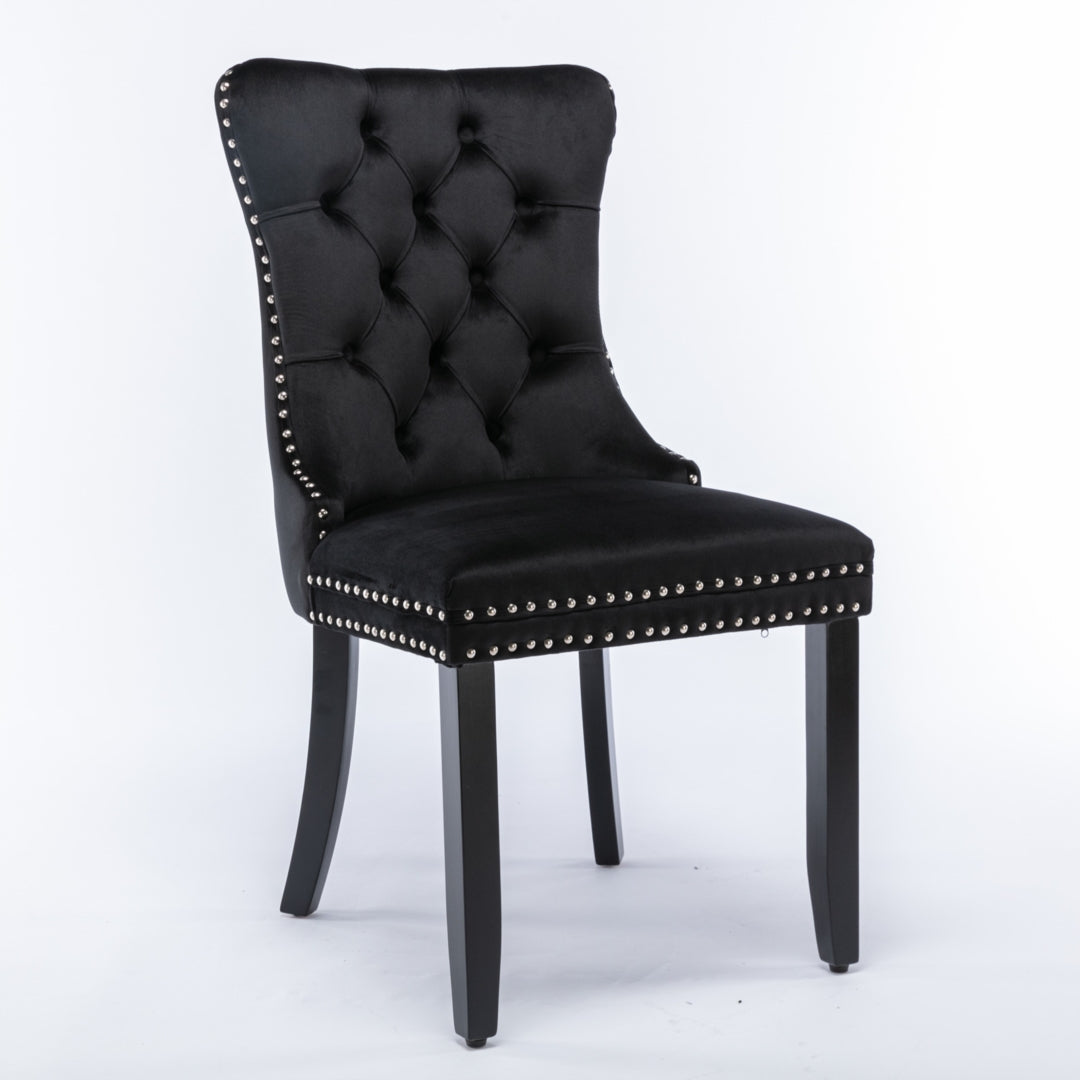 2x Velvet Dining Chairs Upholstered Tufted Kithcen Chair with Solid Wood Legs Stud Trim and Ring-Black