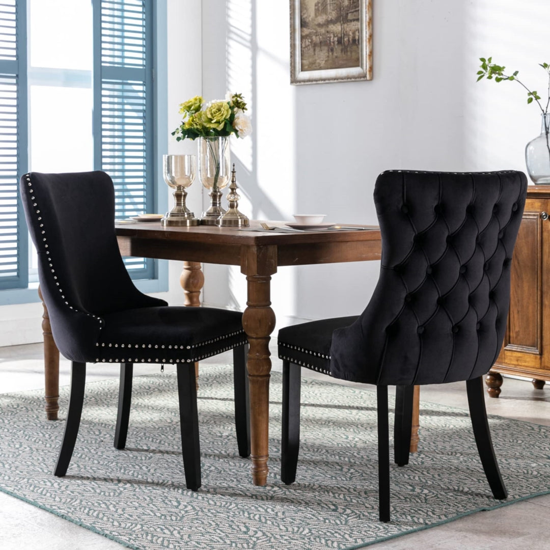 6x Velvet Upholstered Dining Chairs Tufted Wingback Side Chair with Studs Trim Solid Wood Legs for Kitchen