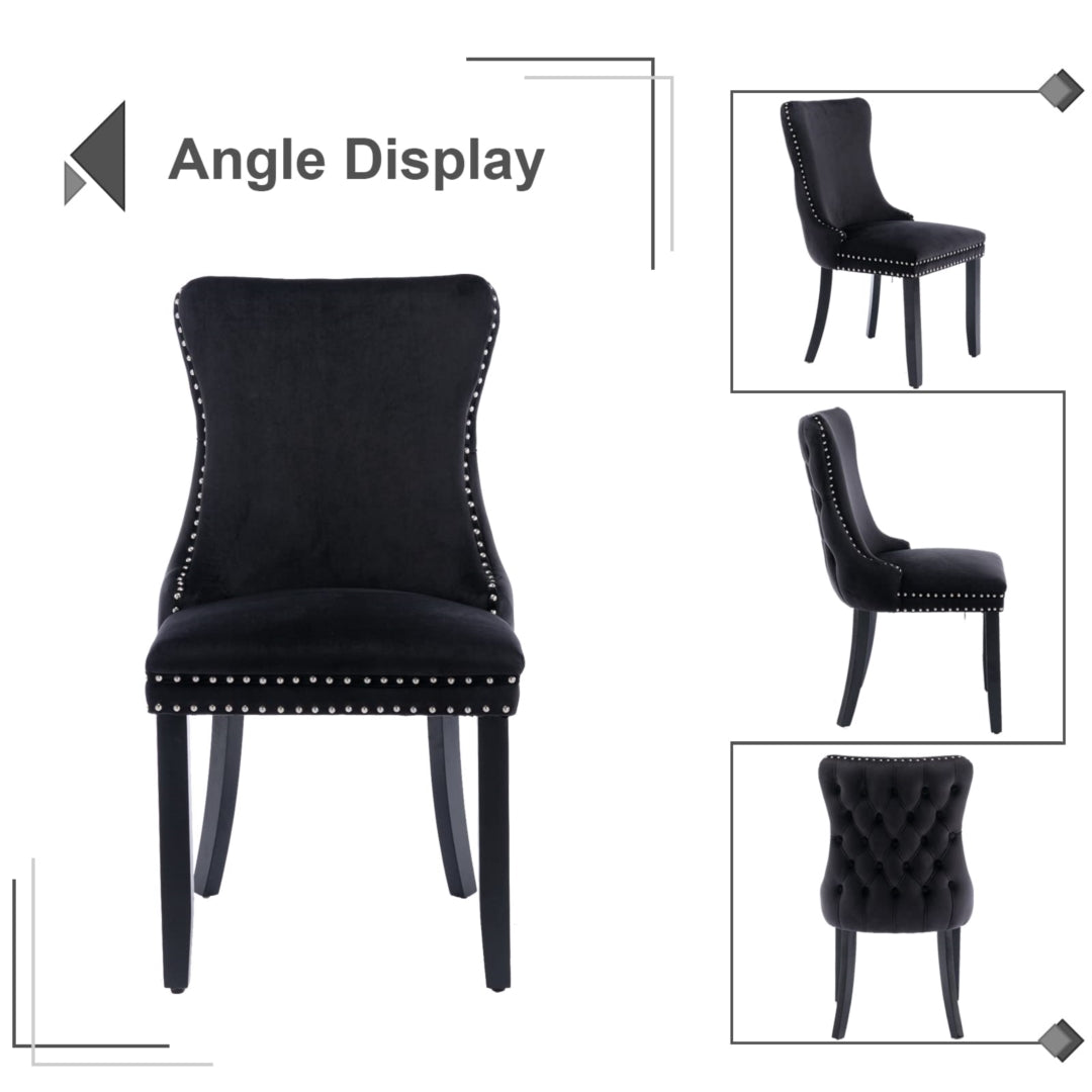 6x Velvet Upholstered Dining Chairs Tufted Wingback Side Chair with Studs Trim Solid Wood Legs for Kitchen