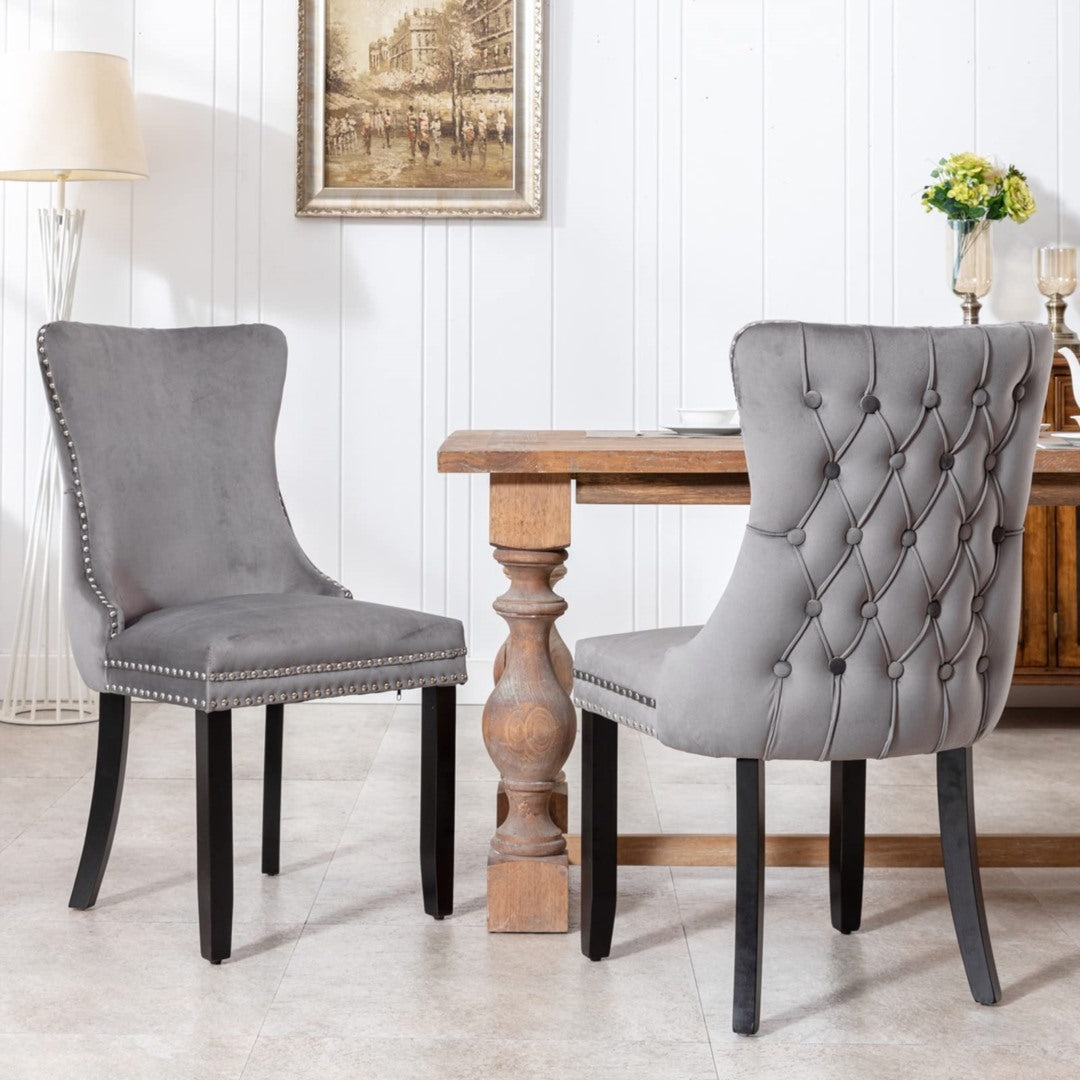 2x Velvet Upholstered Dining Chairs Tufted Wingback Side Chair with Studs Trim Solid Wood Legs for Kitchen