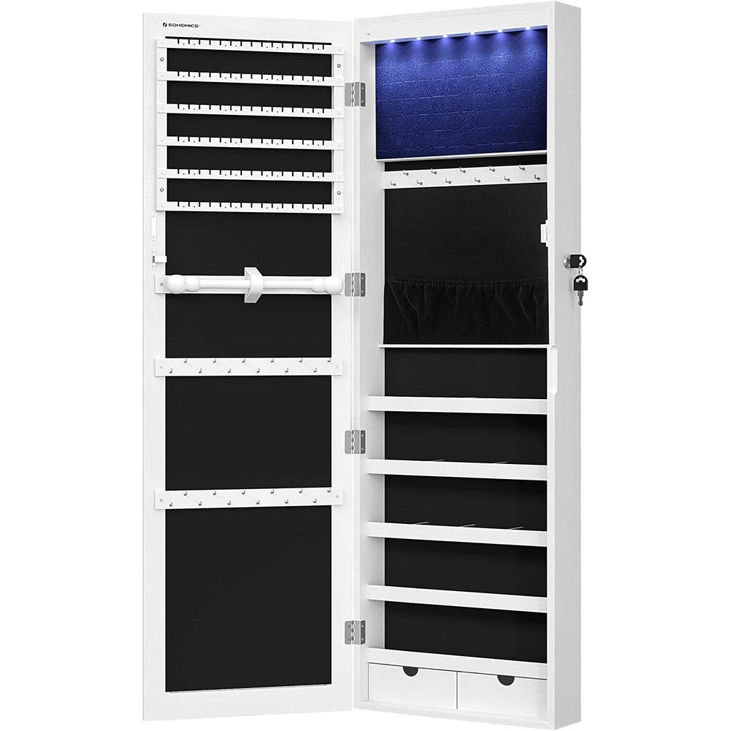 SONGMICS 6 LEDs Jewelry Cabinet Armoire Organizer with Mirror 2 Drawers White JJC93W