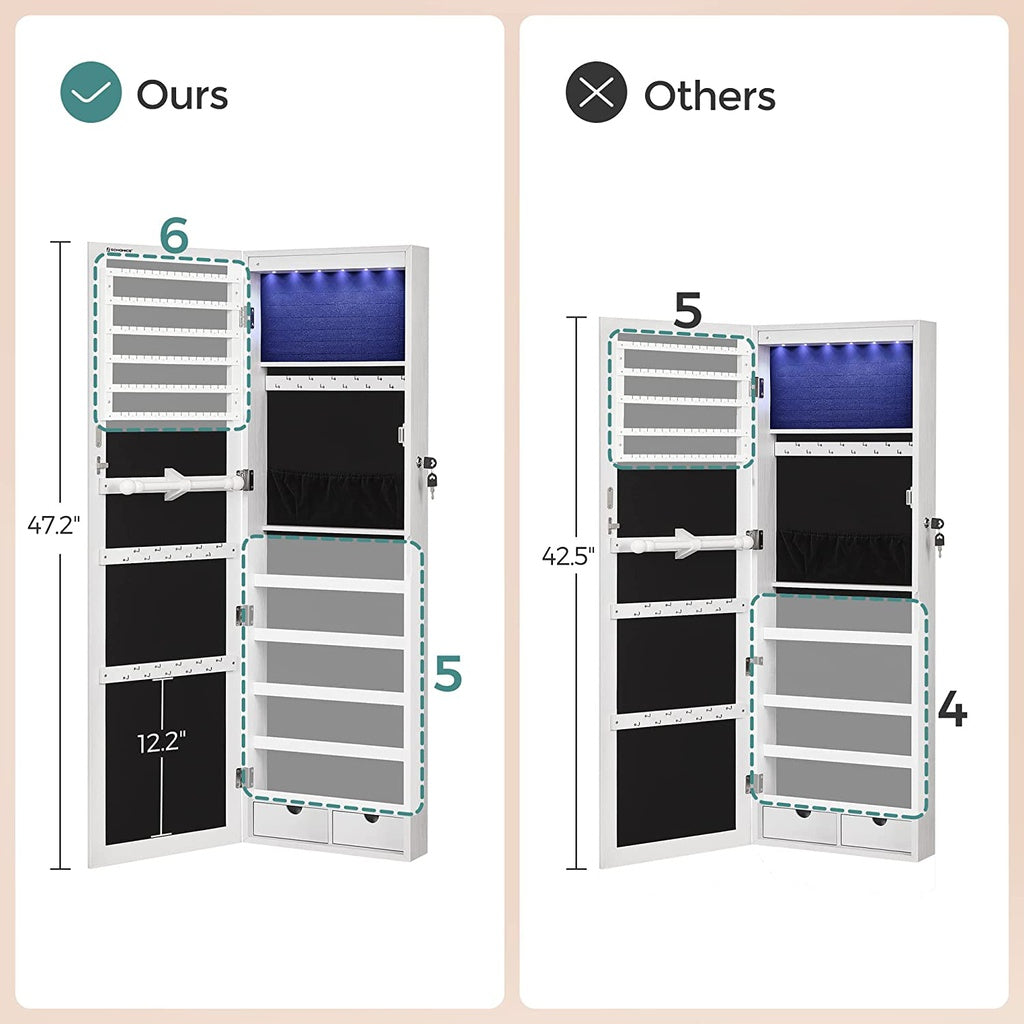 SONGMICS 6 LEDs Jewelry Cabinet Armoire Organizer with Mirror 2 Drawers White JJC93W