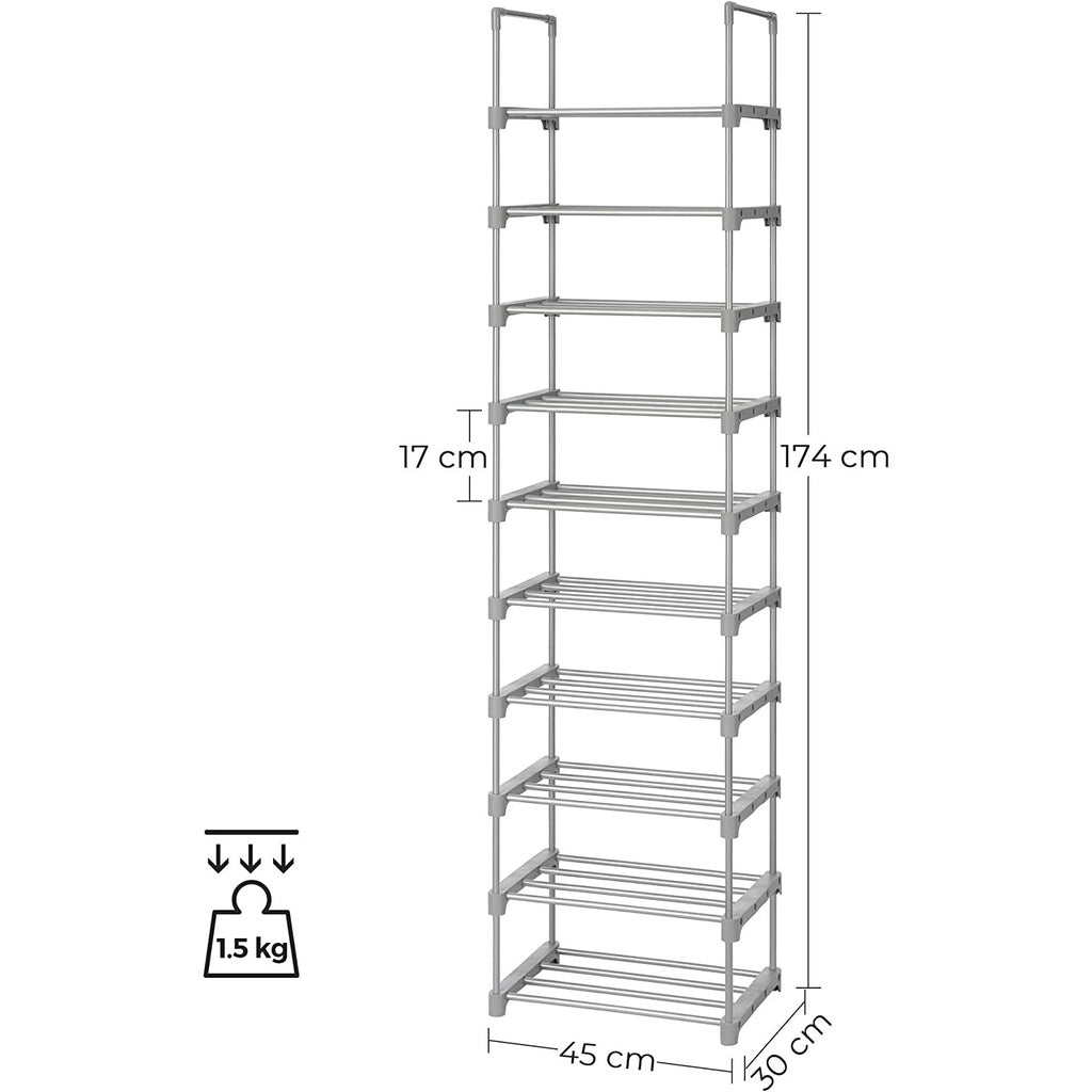 SONGMICS 10-Tier Metal Shoe Rack Customizable Design Grey