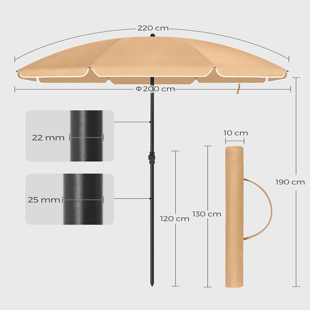 SONGMICS Beach Umbrella Portable Octagonal Polyester Canopy Taupe