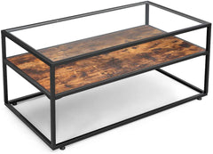 VASAGLE Coffee Table Glass Top Rustic Brown and Black LCT30BX