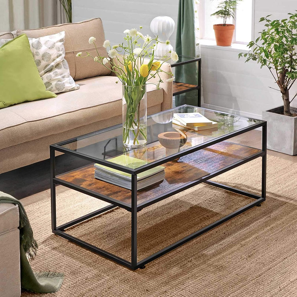 VASAGLE Coffee Table Glass Top Rustic Brown and Black LCT30BX