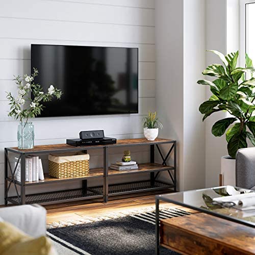 VASAGLE TV Cabinet Stand Lowboard for TVs up to 60 Inches with Shelves Steel Frame Vintage Brown/Black LTV094B01