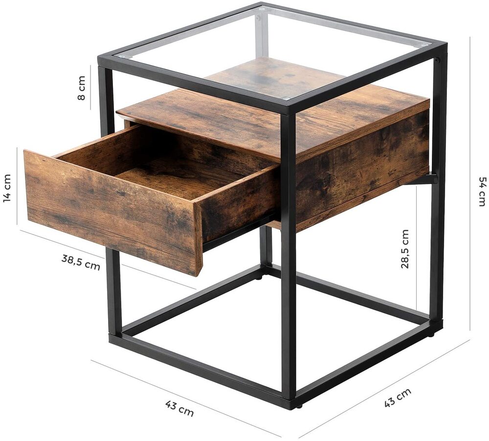 VASAGLE Side Table Tempered Glass End Table with Drawer and Shelf Rustic Brown and Black LET04BX