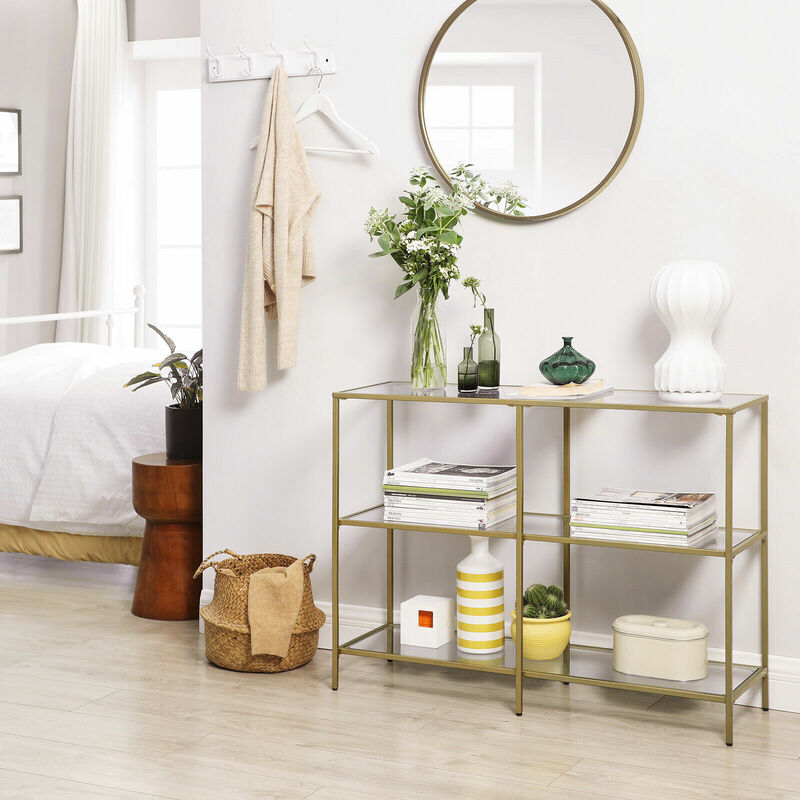 VASAGLE Console Table 3 Tier Tempered Glass Sofa Table for Modern Storage Shelf Golden LGT27G