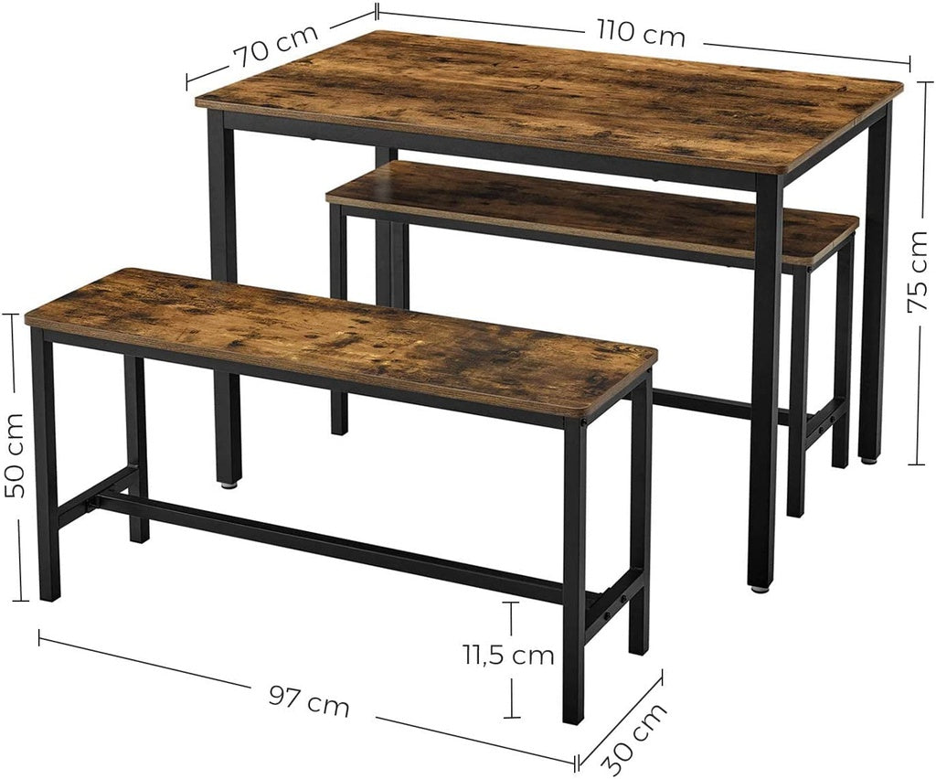 VASAGLE Dining Table Set with 2 Benches Rustic Brown and Black KDT070B01