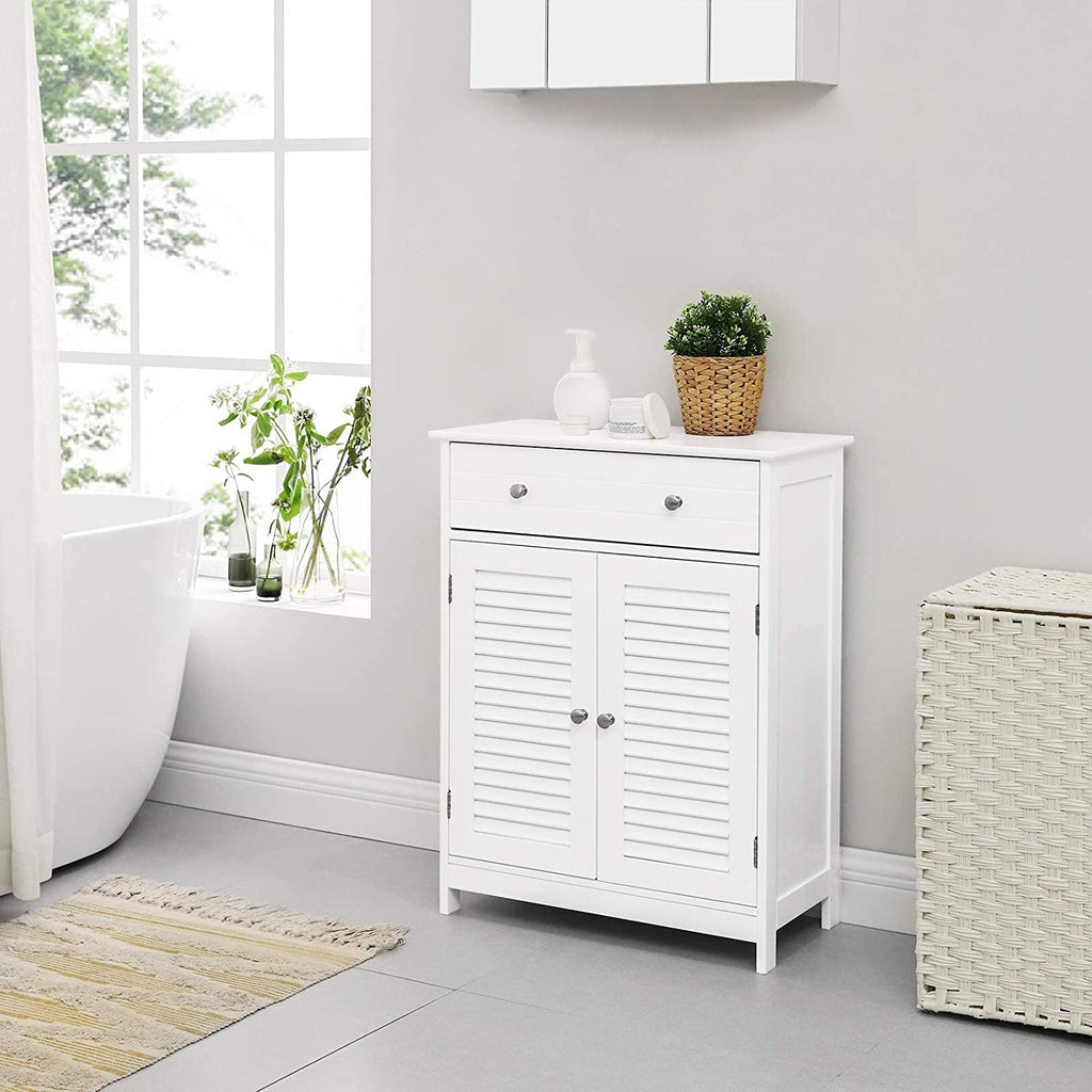 VASAGLE Floor Cabinet with Drawer and 2 Slat Doors White BBC51WT