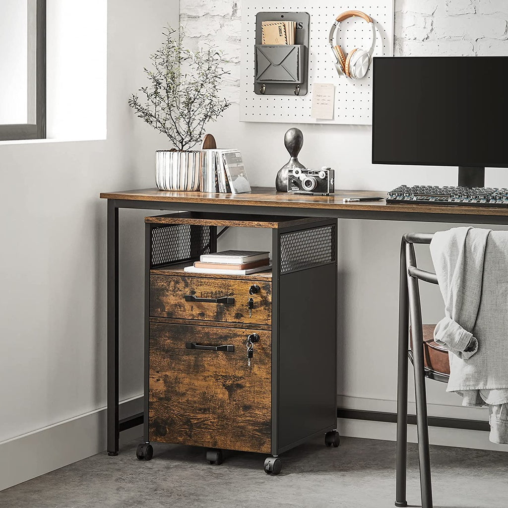 VASAGLE Office File Cabinet with 2 Lockable Drawers Steel Frame Industrial Rustic Brown and Black