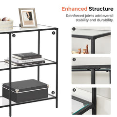 VASAGLE Storage Rack Console Sofa Table with 3 Shelves Steel Frame Tempered Glass Shelf Modern Style Black