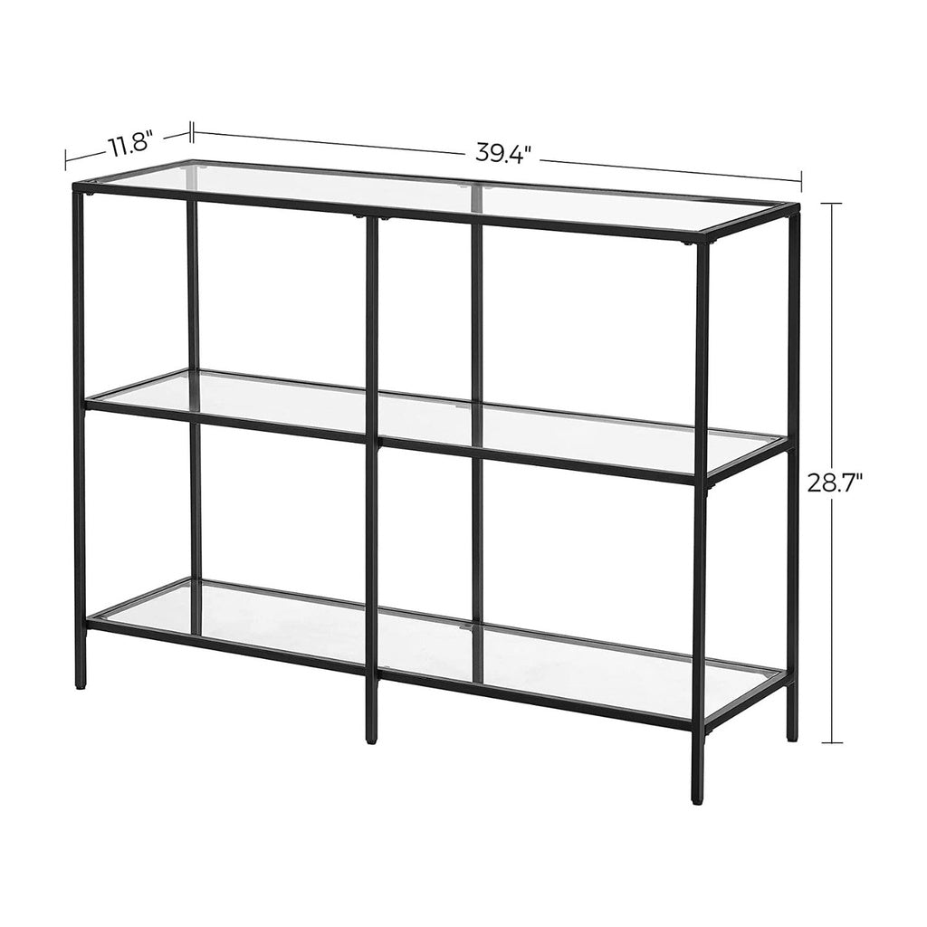 VASAGLE Storage Rack Console Sofa Table with 3 Shelves Steel Frame Tempered Glass Shelf Modern Style Black
