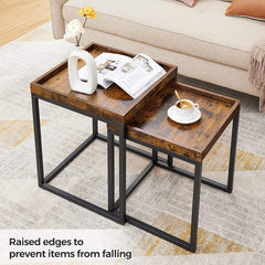 VASAGLE Set of 2 Coffee Tables with Raised Edges Nesting Tables Industrial Rustic Brown and Black