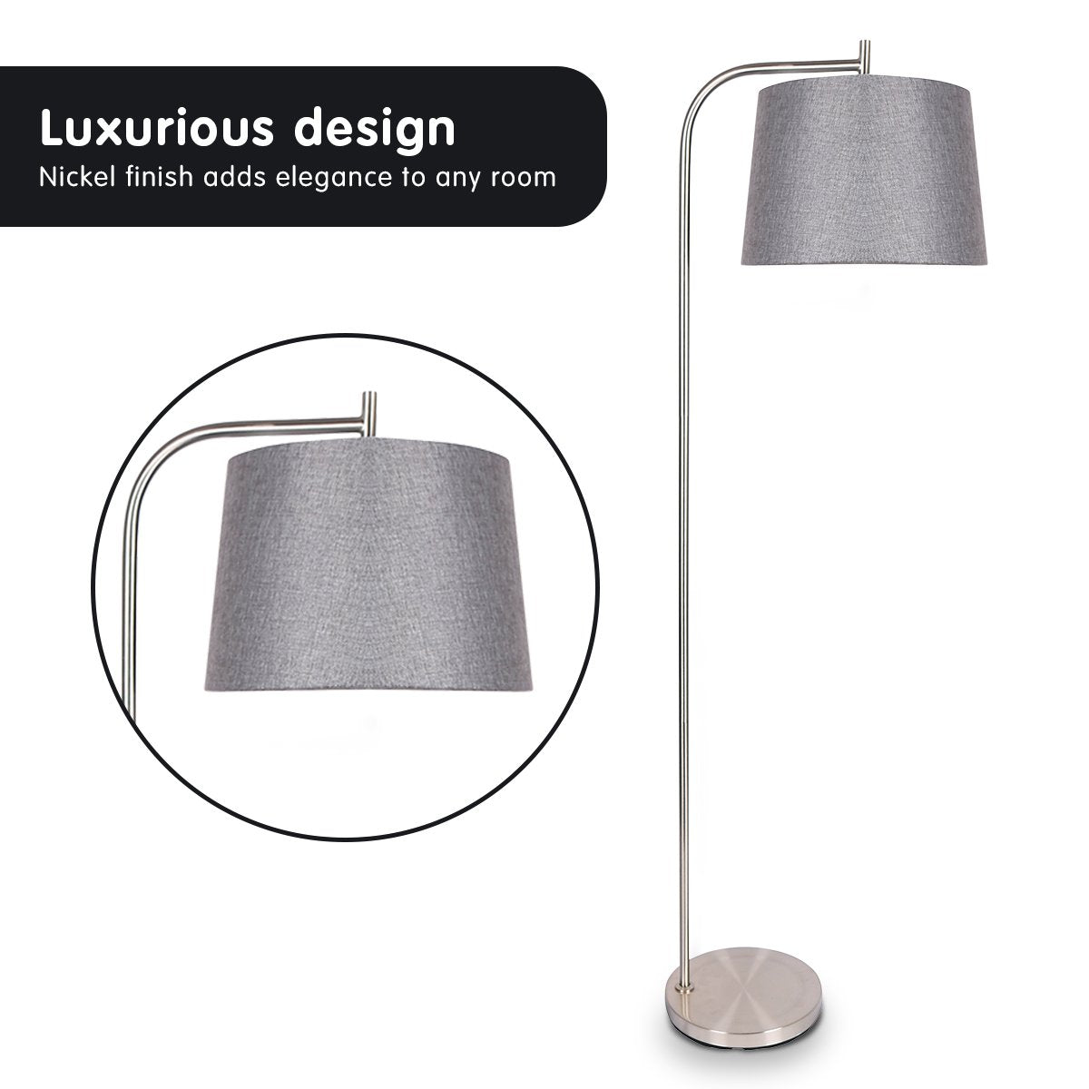 Sarantino Metal Task Floor Lamp Nickel Finish with Grey Fabric Shade