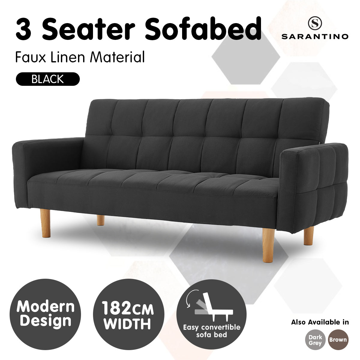 Sarantino 3-Seater Fabric Sofa Bed Futon - Black