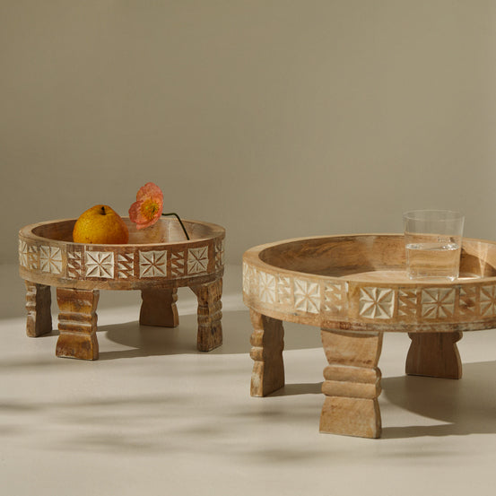 Tree Stripes Tara Hand Carved Chakki Accent Coffee Table (Whitewash) - Small