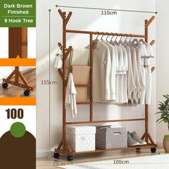 Portable Coat Stand Rack Rail Clothes Hat Garment Hanger Hook with Shelf Bamboo 9 Hook with Rack Rail  Dark Brown Finished