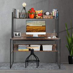 Computer Table Desk Book Storage Student Study Home Office Workstation with Bookshelf (Rustic Brown)