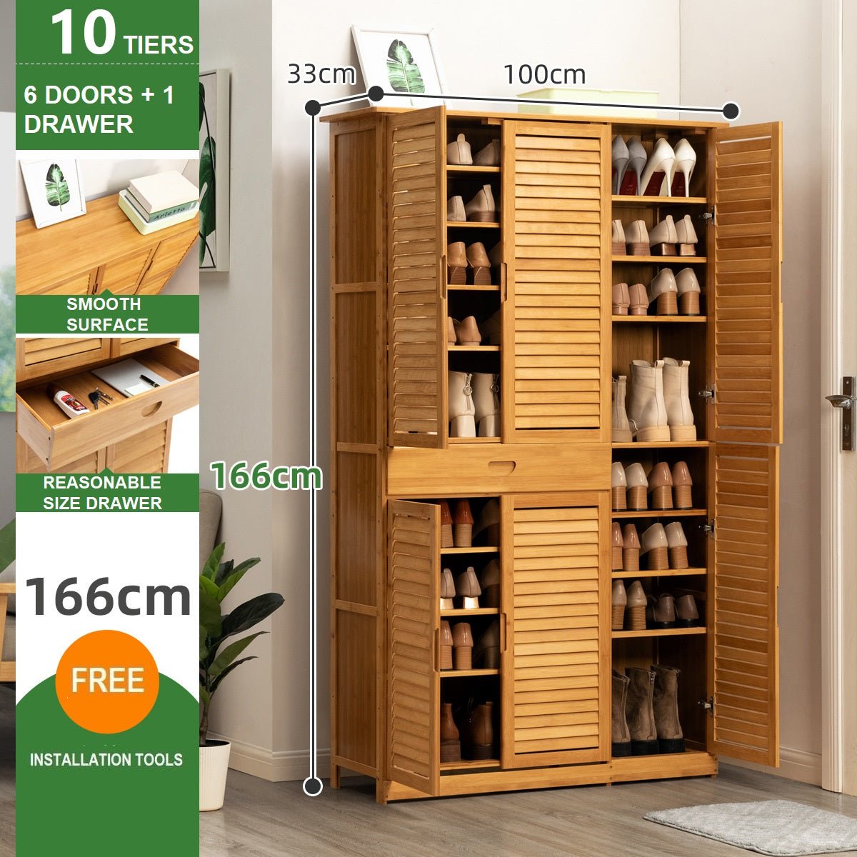 10 Tier Bamboo Large Capacity Storage Shelf Shoe Rack Cabinet 6 Doors with 1 Drawer Natural