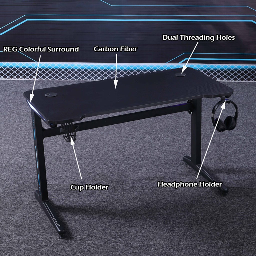 120cm RGB Embeded Gaming Desk Home Office Carbon Fiber Led Lights Game Racer Computer PC Table L-Shaped Black