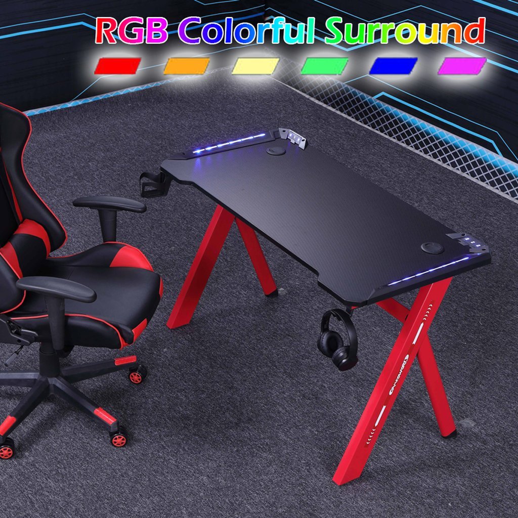 120cm RGB Gaming Desk Home Office Carbon Fiber Led Lights Game Racer Computer PC Table Y-Shaped Red