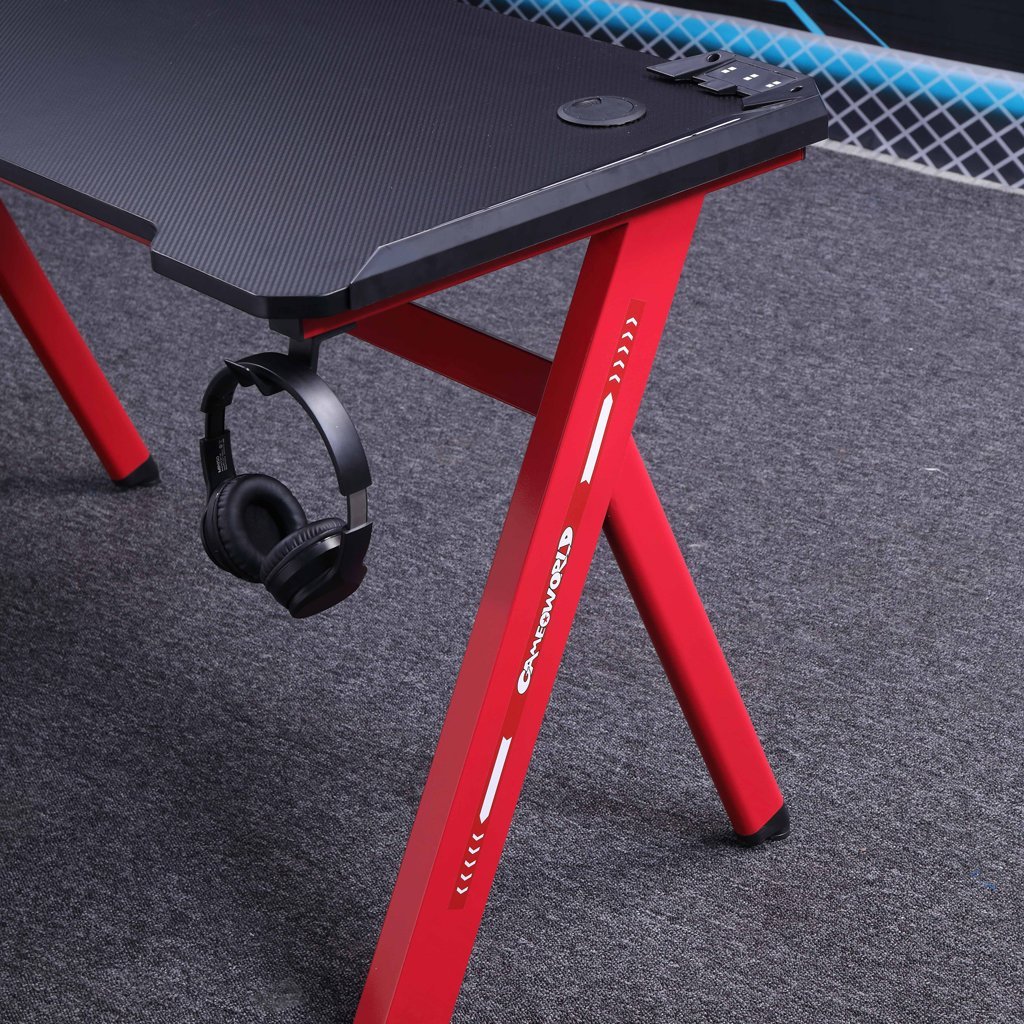 120cm RGB Gaming Desk Home Office Carbon Fiber Led Lights Game Racer Computer PC Table Y-Shaped Red