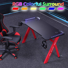 140cm RGB Gaming Desk Home Office Carbon Fiber Led Lights Game Racer Computer PC Table Y-Shaped Red