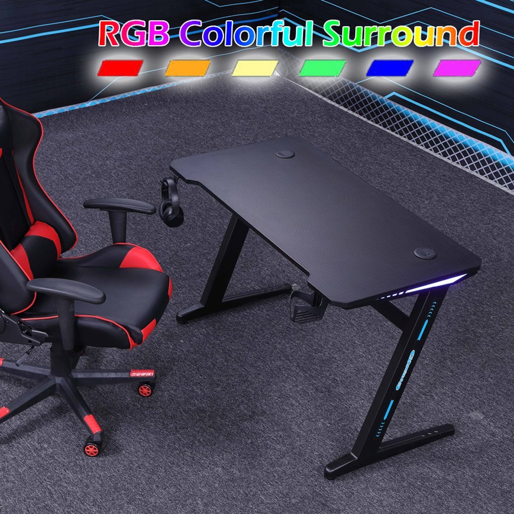 120cm RGB Embeded Gaming Desk Home Office Carbon Fiber Led Lights Game Racer Computer PC Table Z-Shaped Black