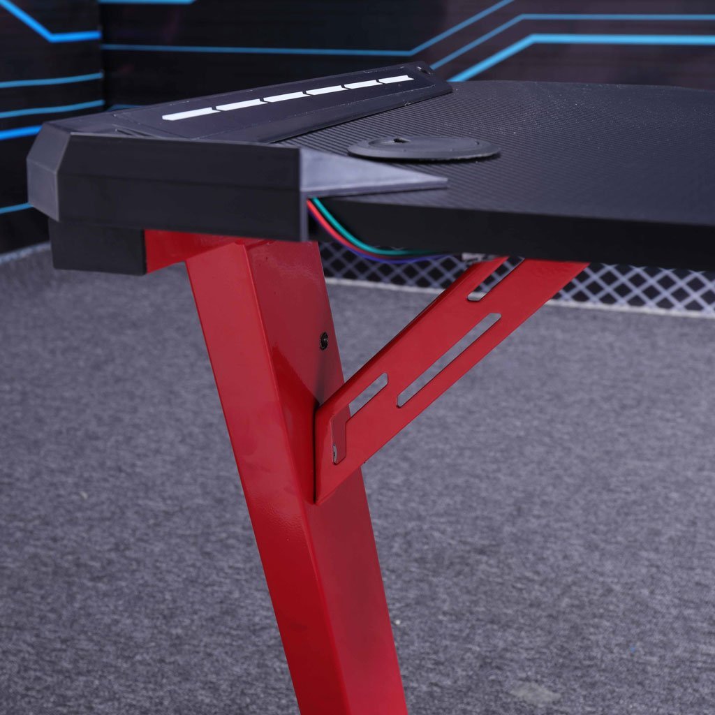 120cm RGB Gaming Desk Home Office Carbon Fiber Led Lights Game Racer Computer PC Table Z-Shaped Red