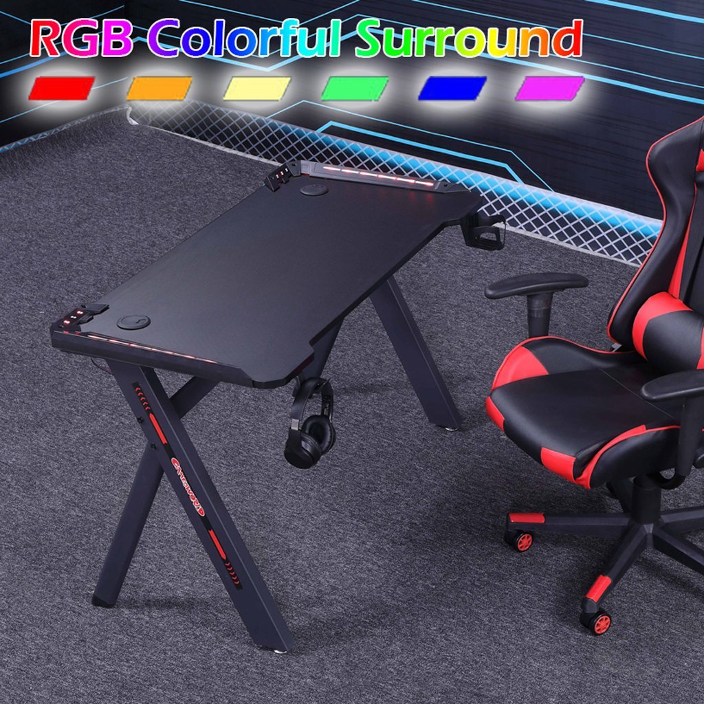 120cm RGB Gaming Desk Home Office Carbon Fiber Led Lights Game Racer Computer PC Table Y-Shaped Black