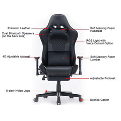 7 RGB Lights Bluetooth Speaker Gaming Chair Ergonomic Racing chair 165° Reclining Gaming Seat 4D Armrest Footrest Black