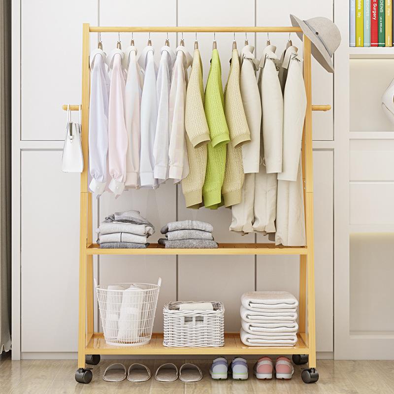 Rail Bamboo Clothes Rack Garment Hanging Stand 2 Tier Storage Shelves Closet 70cm