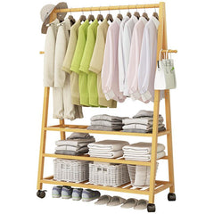 Rail Bamboo Clothes Rack Garment Hanging Stand 2 Tier Storage Shelves Closet 70cm