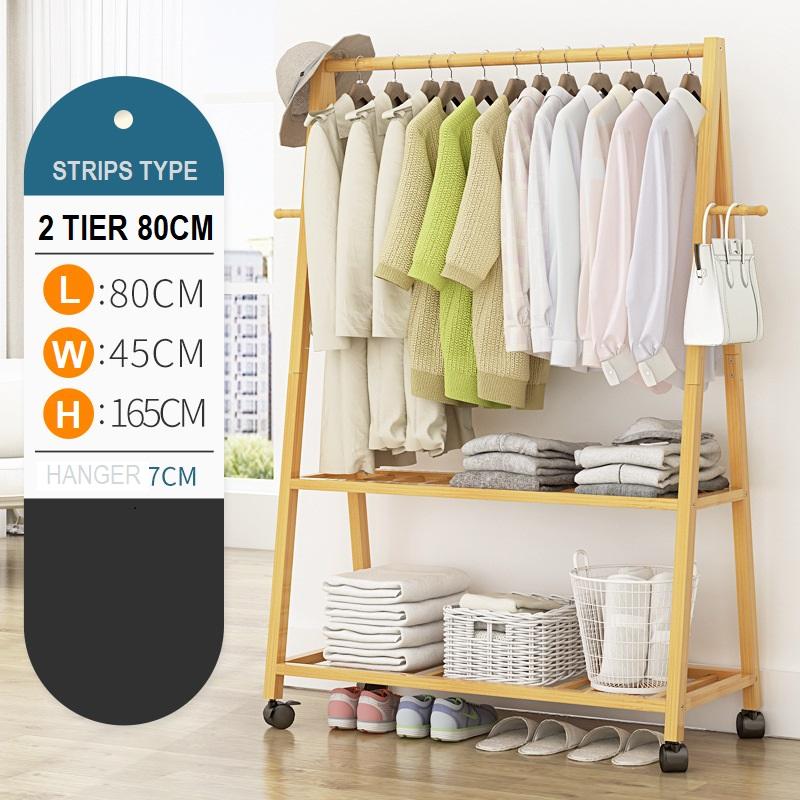 Rail Bamboo Clothes Rack Garment Hanging Stand 2 Tier Storage Shelves Closet 80cm